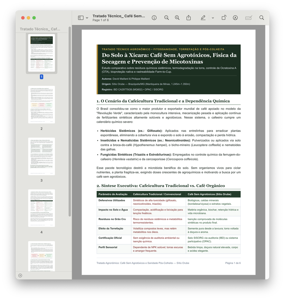 Relatório Técnico Oficial de 6 páginas do Sítio Orube (Brazópolis/MG) abordando o Tratado Agronômico de Sanidade, Fitossanidade, Físico-Química da Torra, Micotoxicologia da Ocratoxina A (OTA), Controle de Umidade e Atividade de Água (aw), Secagem em Terreiros Suspensos, Armazenamento Hermético (GrainPro/Oxifree) e Rastreabilidade Farm-to-Cup com certificação IBD e SISORG.